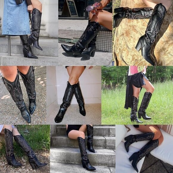 🆕Women Black Knee High Pointed Toe Chunky High Heels Pull-on Embroidered Boots - Picture 7 of 7